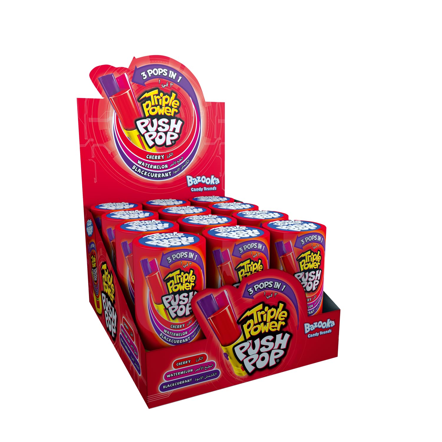Bazooka Candy Brands Triple Power Push Pop Red Lollipop - 34 gm (Pack of 12)