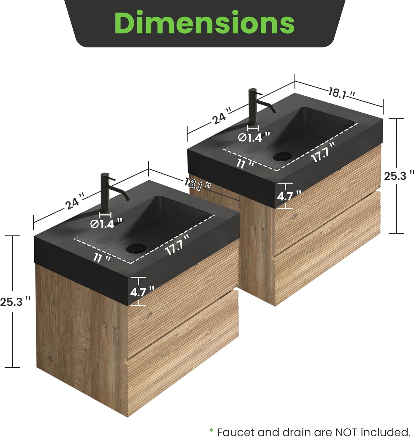 48" Floating Bathroom Vanity with Black Sink Combo, Modern Floating Double Sink Bathroom Vanity with Solid Surface Tops & 4 Soft-Closing Drawers, Large Storage for Apartment, Hotel, Rough Oak