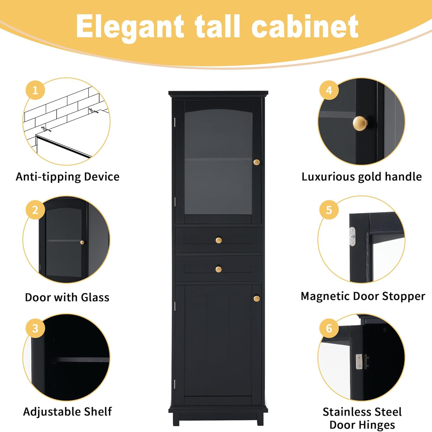 63“ Tall Bathroom Cabinet, Floor Freestanding Storage Cabinets with 2 Drawers, Adjustable Shelves and Glass Doors