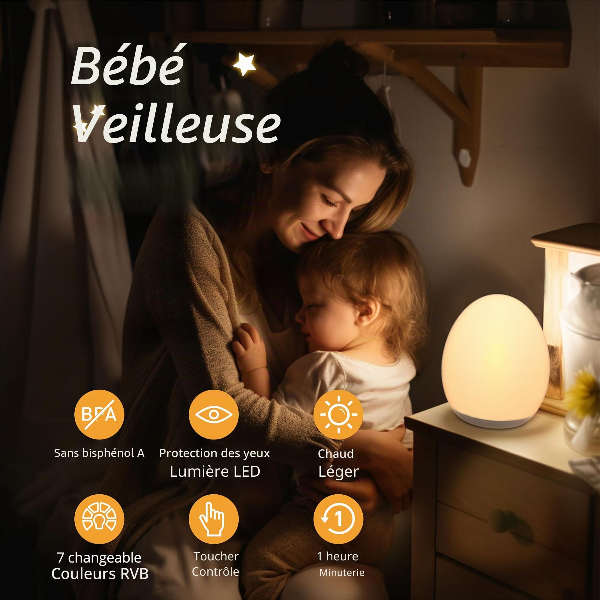 Veilleuse pour enfants, veilleuse pour bébé avec 8 modes de changement de couleur et fonction de gradation, veilleuse œuf rechargeable pour bébé avec minuterie d'une heure et contrôle tactile