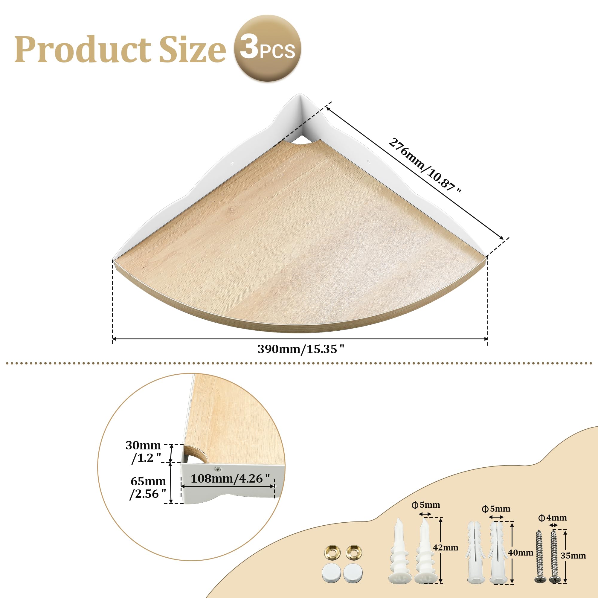 SAYAYO Estanteria Pared de 90° Juego de 3, Estante Esquinero de Madera, Radio de 27 CM Estante de Pared, Estantes Flotantes para Baño, Sala de Estar, Cocina
