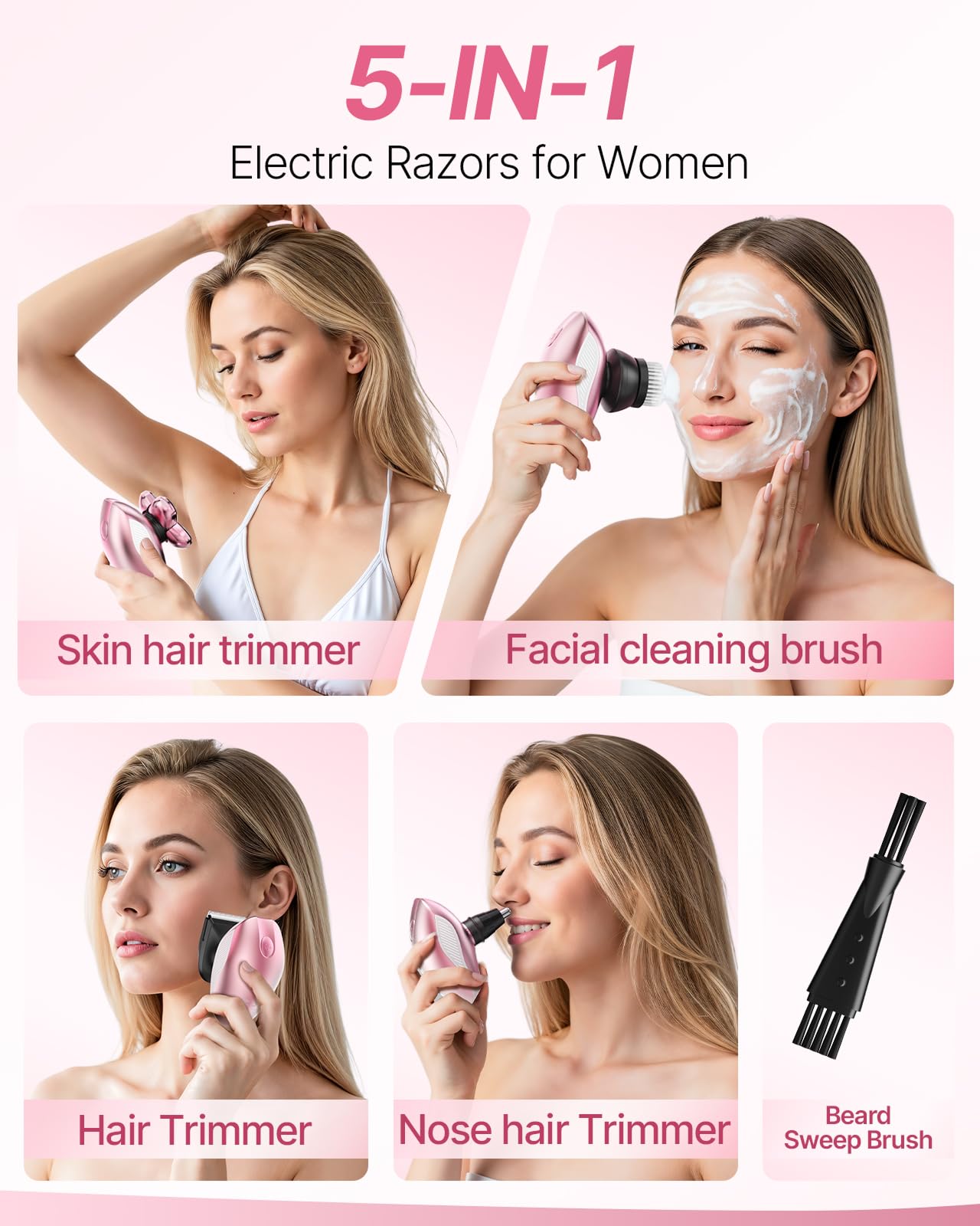 Maquinillas de afeitar eléctricas para mujer, afeitadora corporal recargable 5 en 1, impermeable, para eliminar el vello seco y húmedo, recortadora para mujer, cara, axilas, piernas