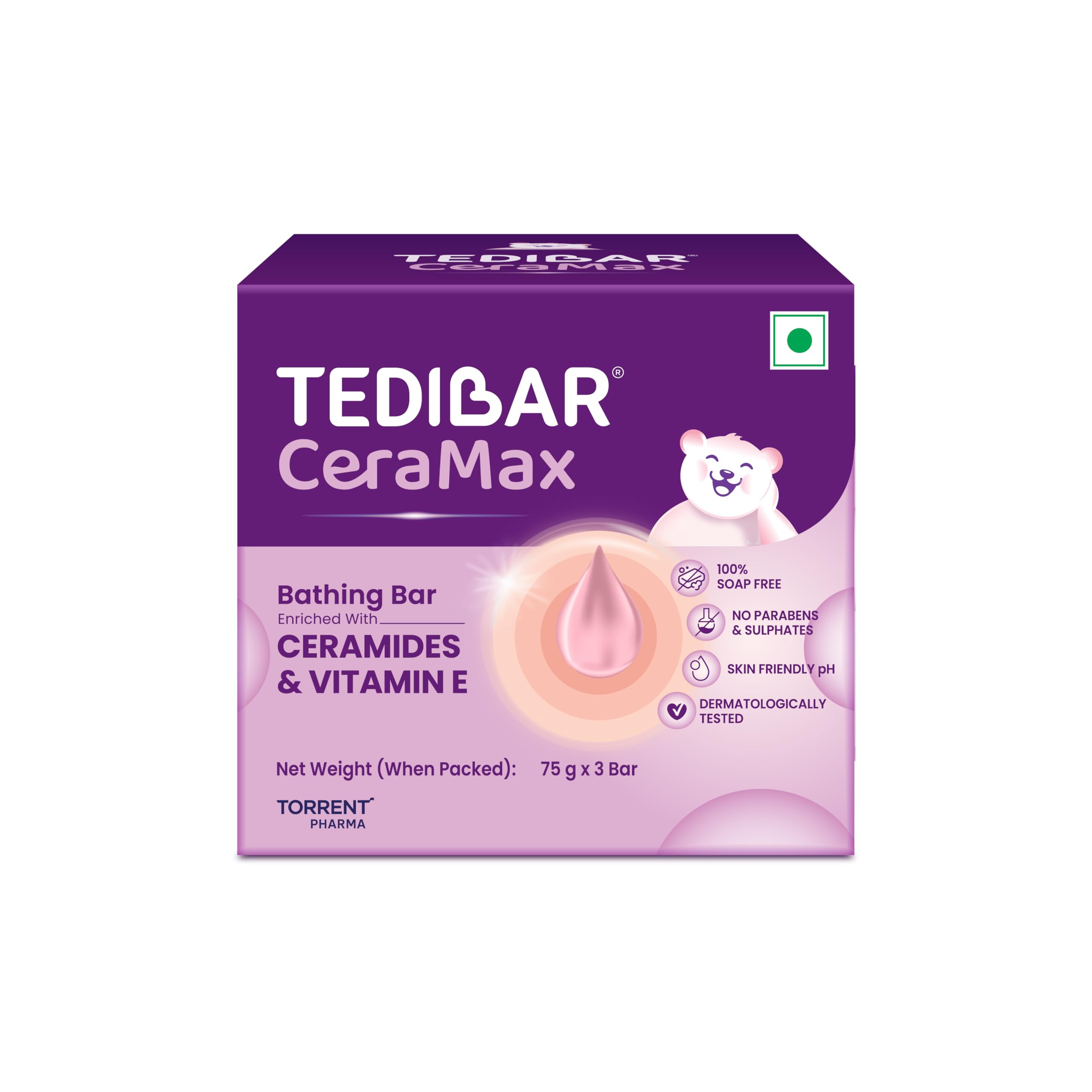 Tedibar Ceramax Bathing Bar -75g x 3 | Pack of 3 | Enriched with Ceramides & Vitamin E | 100% Soap Free | Skin friendly pH | By Torrent Pharma-image-6