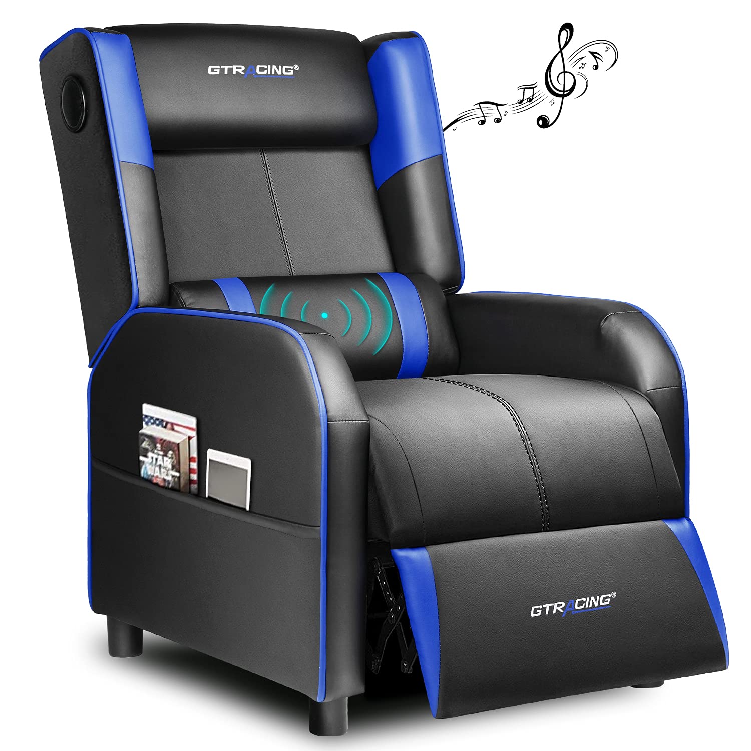 GTRACING Gaming Recliner Chair with Bluetooth Speakers Racing Style Single Gaming Sofa Modern Living Room Recliners Ergonomic Comfortable Massage Home Theater Seating, Black-Blue