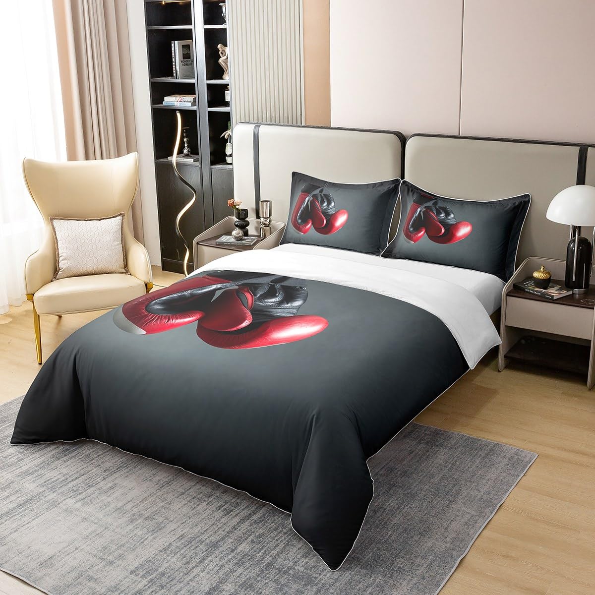 Homewish Natural Cotton Boxing Duvet Cover,Sports Theme Bedding Set for Boys Men,Red Boxing Gloves Pattern Comforter Cover Single,Pugilism Games Bed Sets with 1 Pillowcase Breathable - Image 3