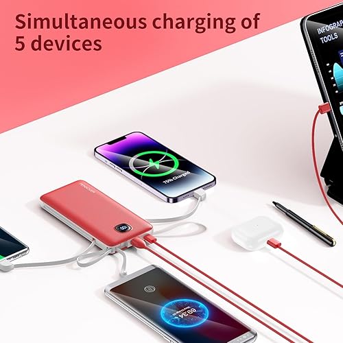 Miniatura 8 de Cargador portátil con cables integrados y enchufe de pared de CA, delgado 10000mAh 22.5W, cargador de energía de carga rápida, 5 salidas y 2