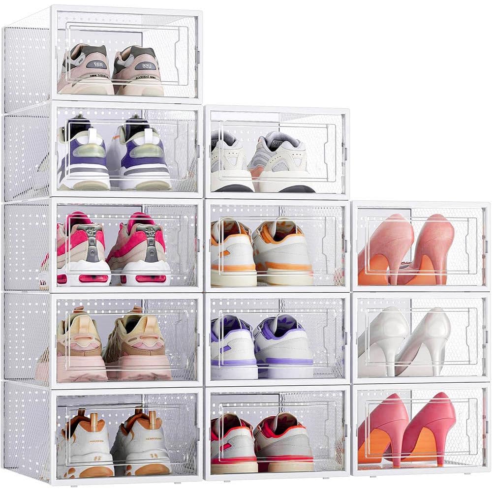 Ccarzzi Shoe Boxes 12 PCS Stackable Shoe Storage Boxes, Clear Plastic Shoe Organizer with Lids, for Women and Men, Fit UK 9.5