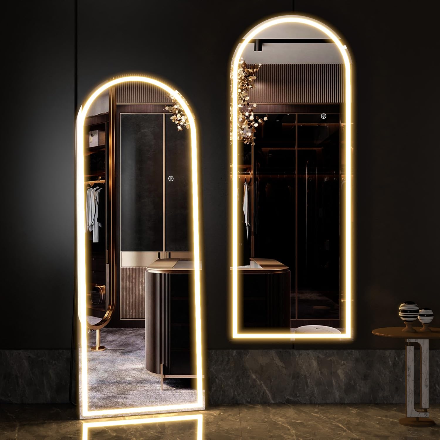 Elemango Arched Floor Mirror with LED Lights, 162x53cm Full body Mirror with White Aluminum Frame for Hanging or Leaning, Standing Mirror for Bedroom, Living room