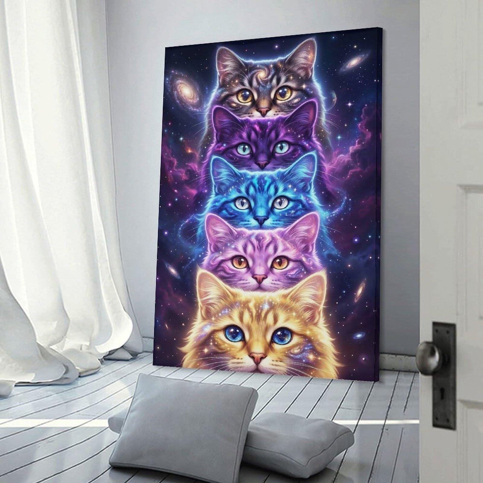 Junmoney Cosmic Cats in Space Canvas Wall Art, 24x36inch(60x90cm), for Living Room, Bedroom, Office Or Hallway, Versatile Wall Decor for Many Rooms