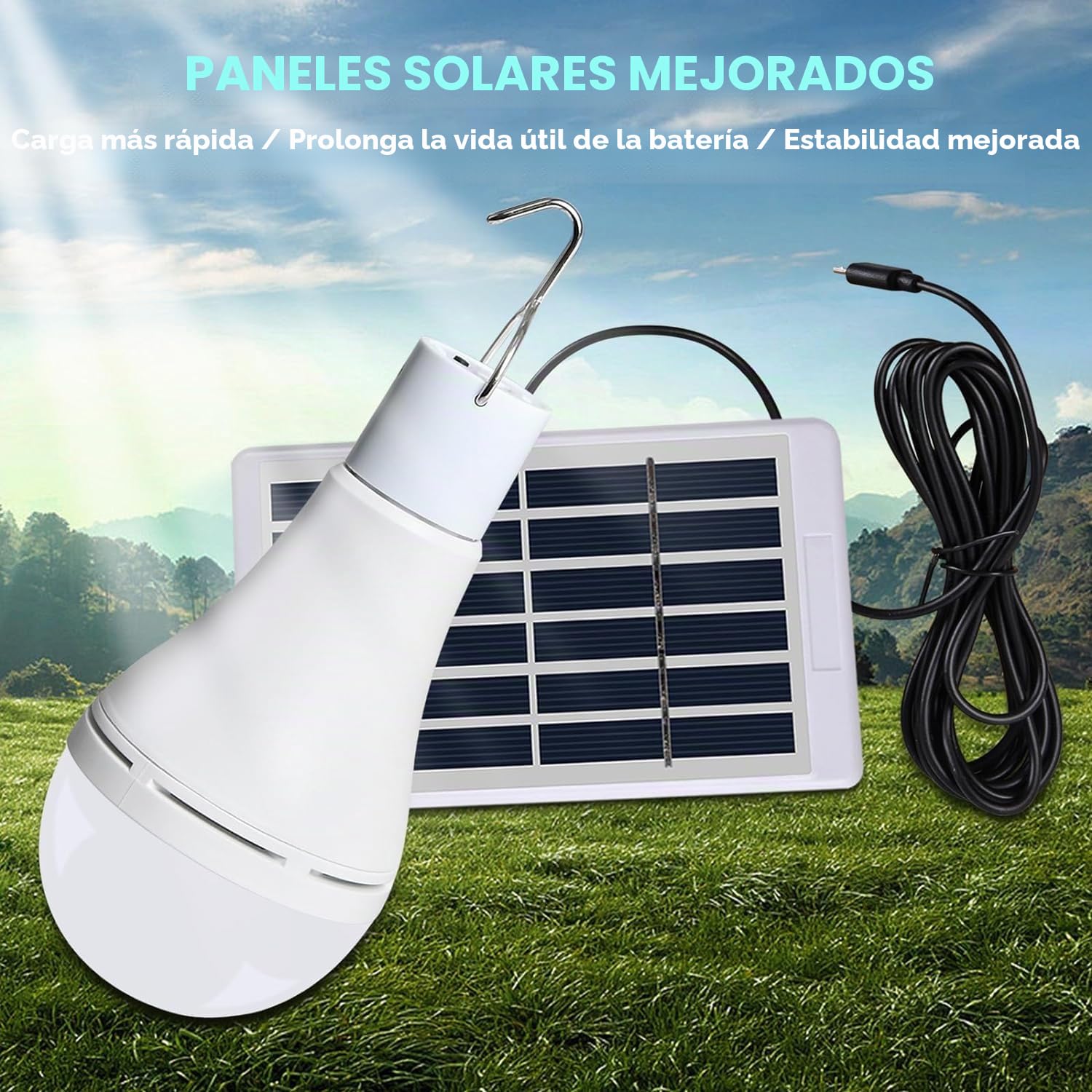 Luz Solar Interior Exterior 2PCS con Mando, Sensor Crepuscular, Solar/USB Recargable Lámpara Colgante Portátil, TechKen Bombilla LED Focos para Terraza Casa Jardin Emergencia Senderismo Tienda Camping