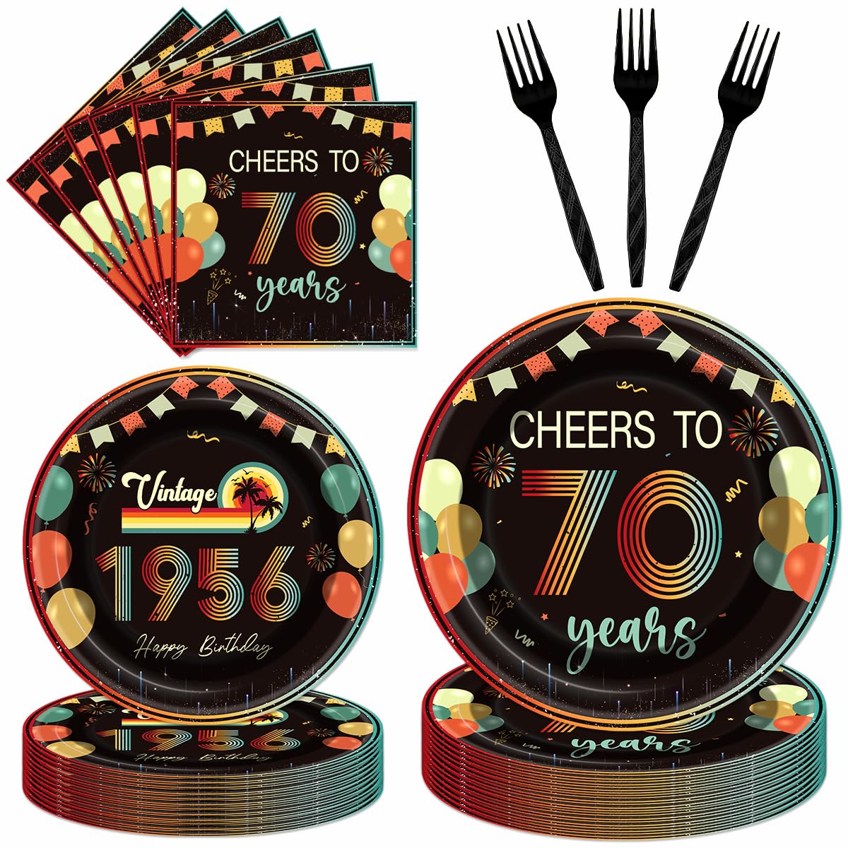 EngoEagle 96-Piece Vintage 70th Birthday Tableware Set