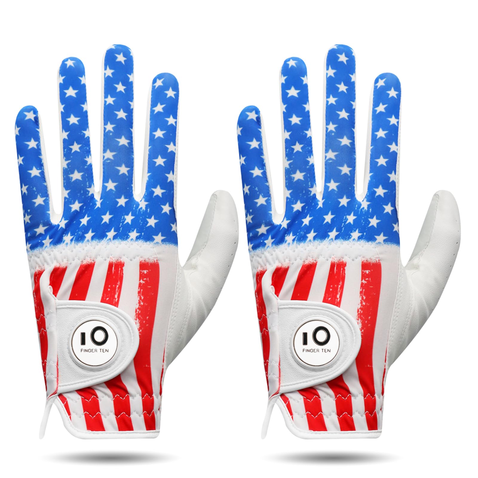 FINGER TEN Golf Gloves Men Left Hand Right Leather With Ball Marker Printed Grip 2 Pack