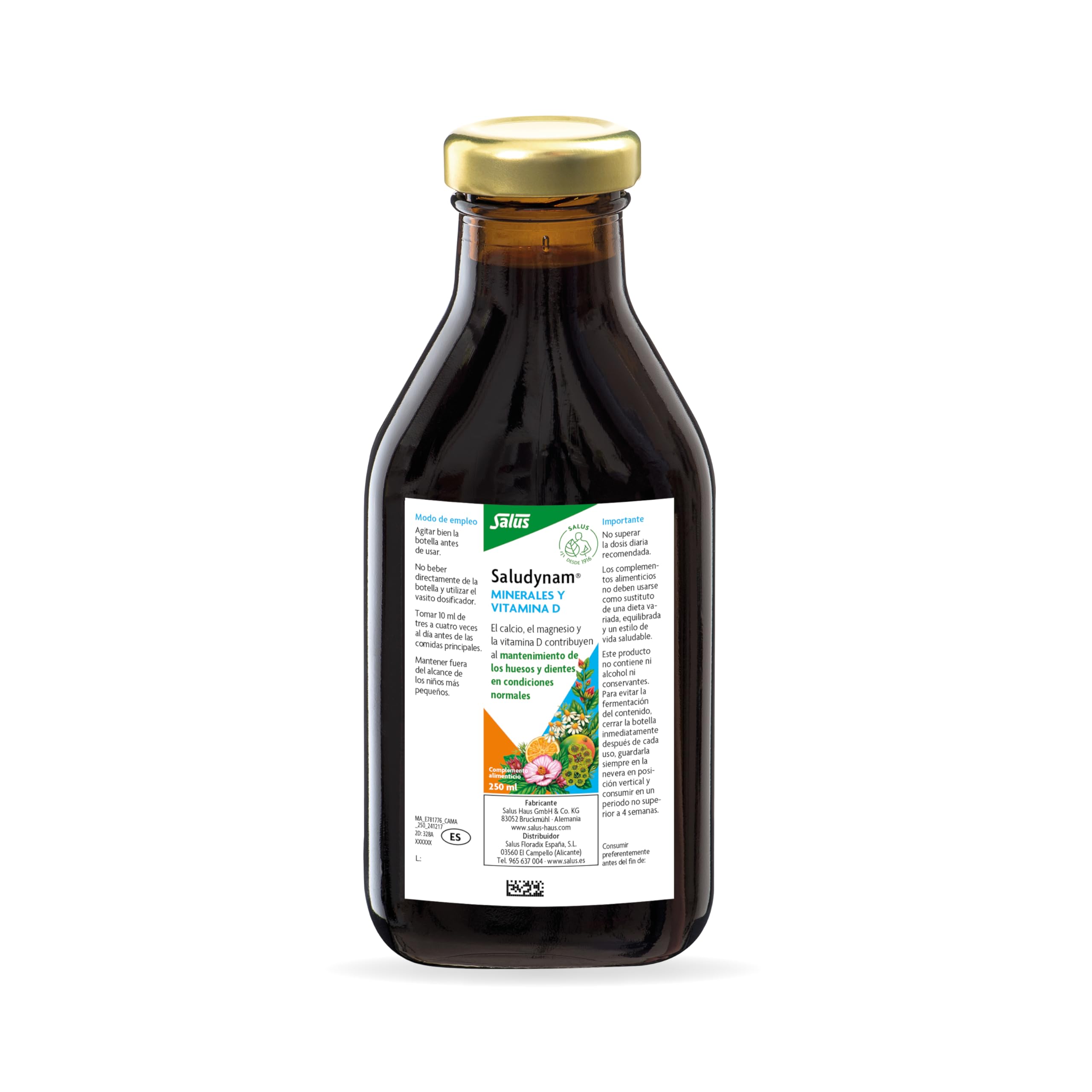 Salus - Saludynam Complemento Alimenticio - 250 ml - Contribuye al Mantenimiento de Huesos y Dientes - Contiene Calcio, Magnesio, Zinc, Vitamina D, Extractos Herbales y Zumos de Frutas (Paquete de 4)