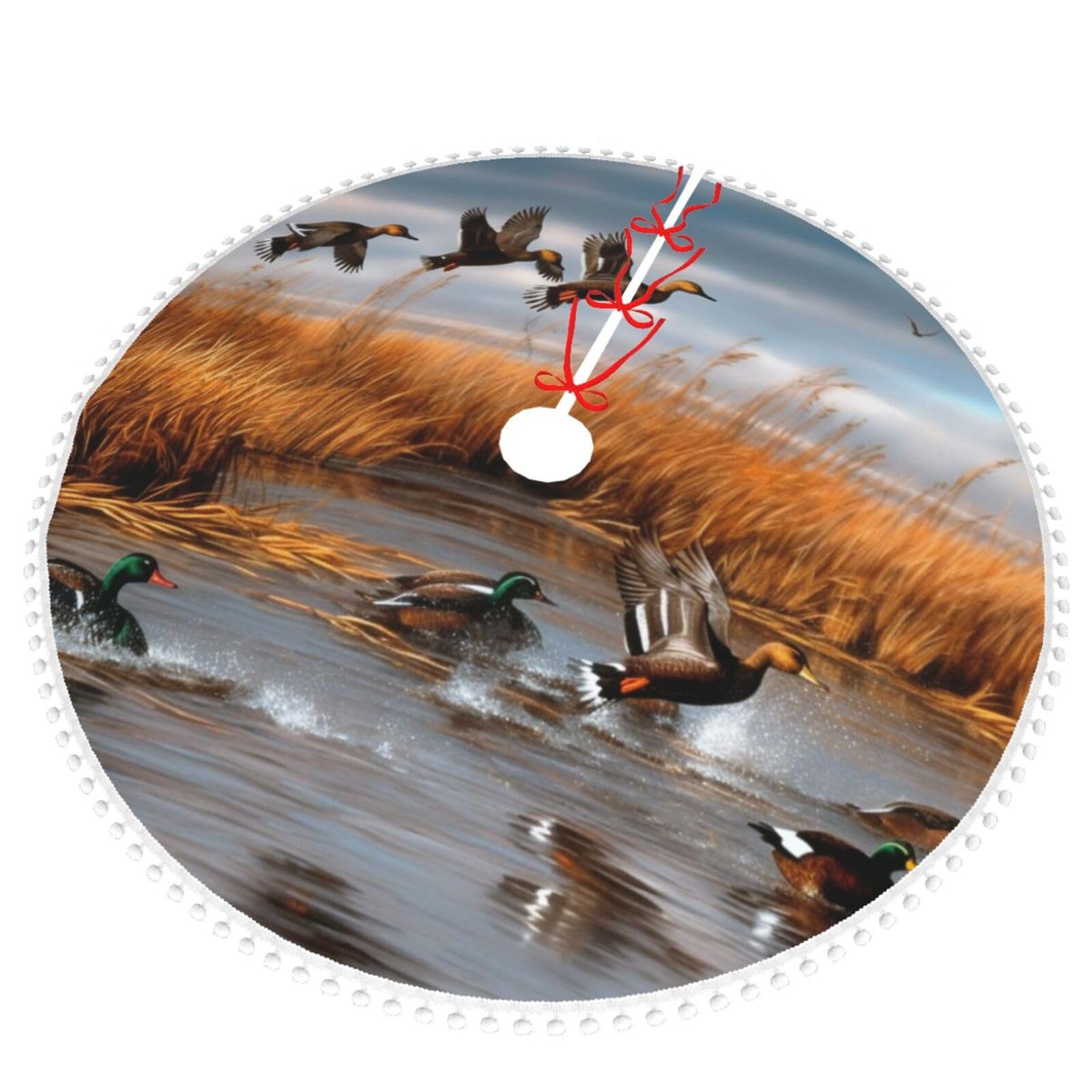 Jagd fliegende Wilde Ente 2 bedruckte Weihnachtsbaumdecke mit Pompon, 122 cm Weihnachtsbaumröcke, Matte, Dekoration für Zuhause, Garten, Büro, Urlaub, Party
