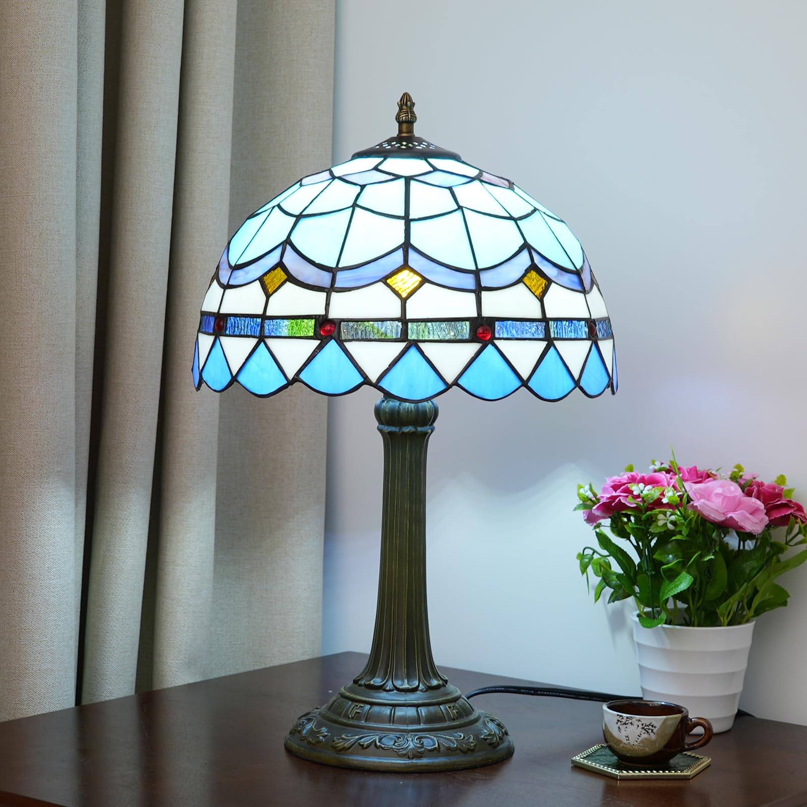 12 Pollici E27 Tulipano Vetro Colorato Lampade da Tavolo Decorativa Classiche Lampada da Comodino Vintage Eleganti Lampada da Tavolino Salotto Camera da Letto (12 pollici Feather-Blue)
