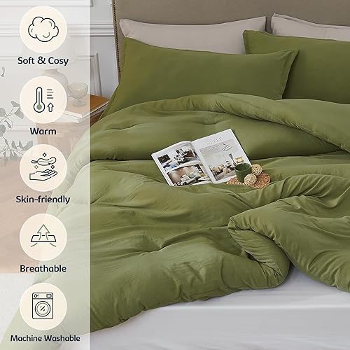 Miniatura 2 de Quataly OliveGreen - Juego de edredón tamaño California King, edredón ligero de microfibra lavada de 3 piezas, acogedor juego de cama bohemio tamaño
