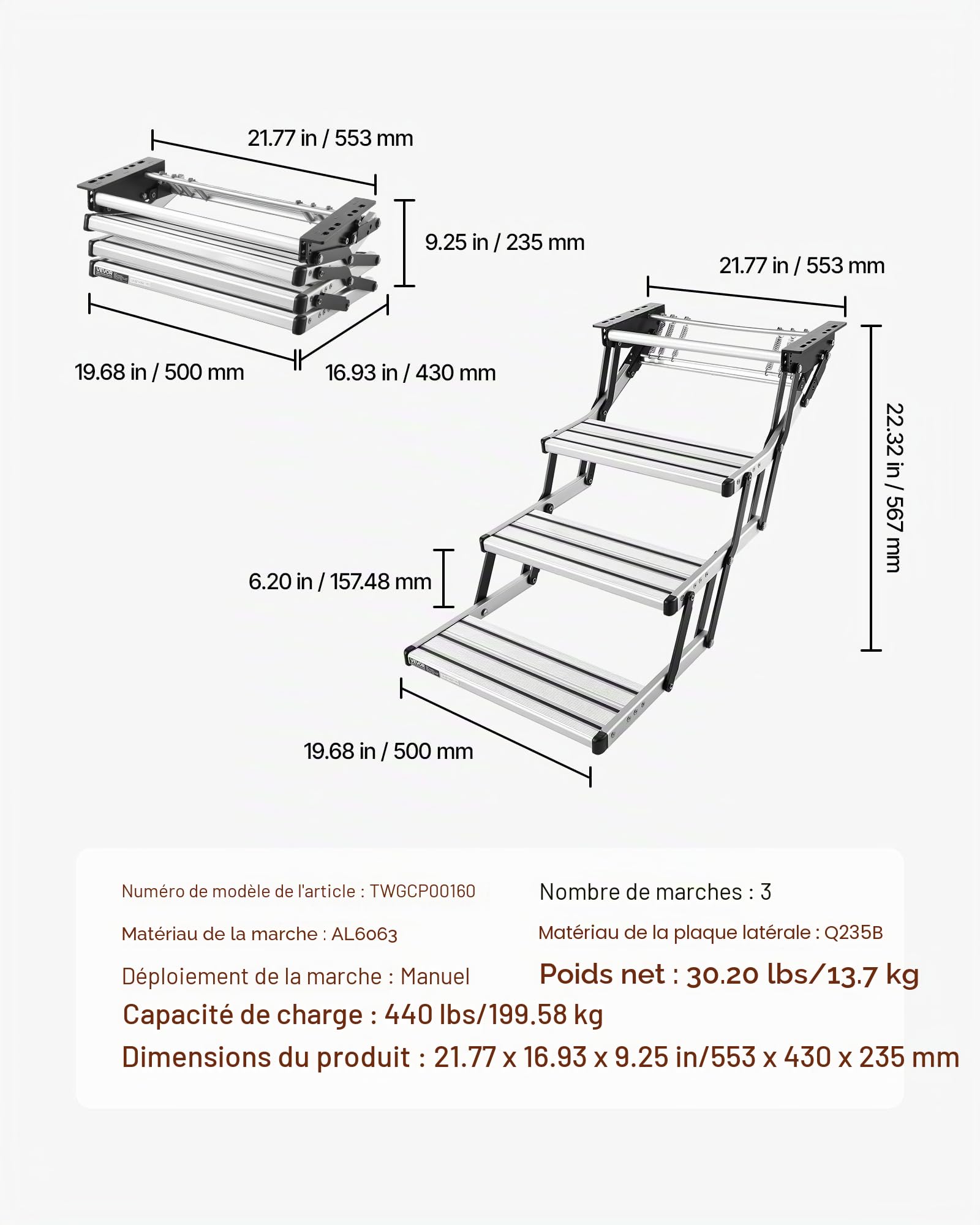 VEVOR Escalier Pliable à 3 Marches, Marchepied Rétractable Manuel,Structure en Acier, Marches Télescopiques Antidérapantes en Alliage d'Aluminium, pour Camping-Car Caravane Remorque, Capacité 200 kg