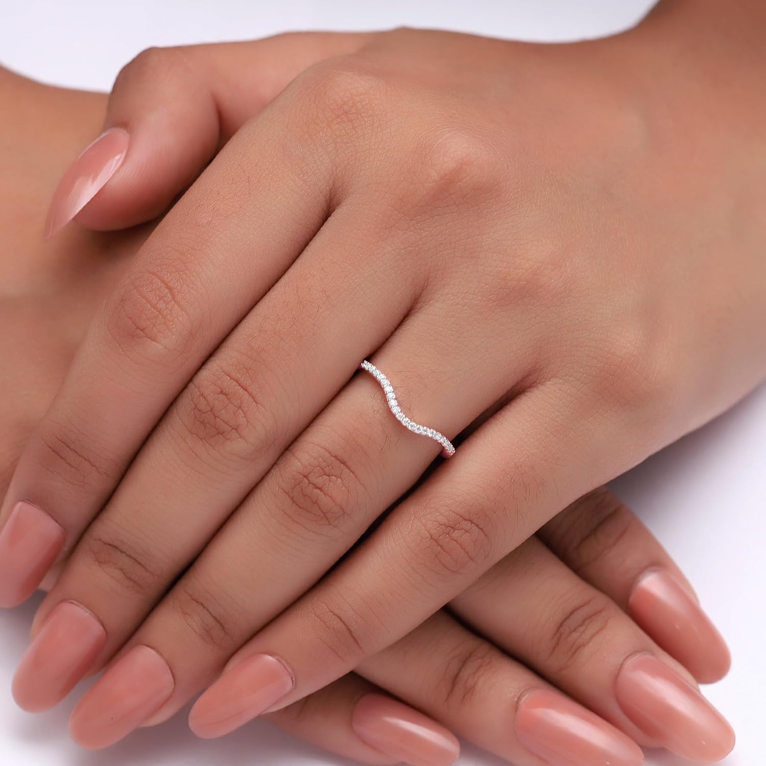 Moissanite & Lab Grown Diamond Half Eternity 3 Row Band Curved Chevron Twisted Infinity Wedding Band Guard Ring for Women 14K Gold Over Sterling Silver, Filigree Channel Set Promise Stackable Rings