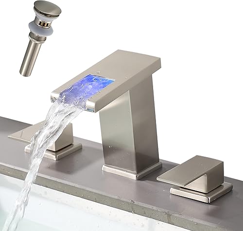 Grifo de baño, grifo de baño de 3 agujeros, grifo de cascada, grifo de tocador de baño, grifo de lavabo de baño para 3 agujeros con luz LED con
