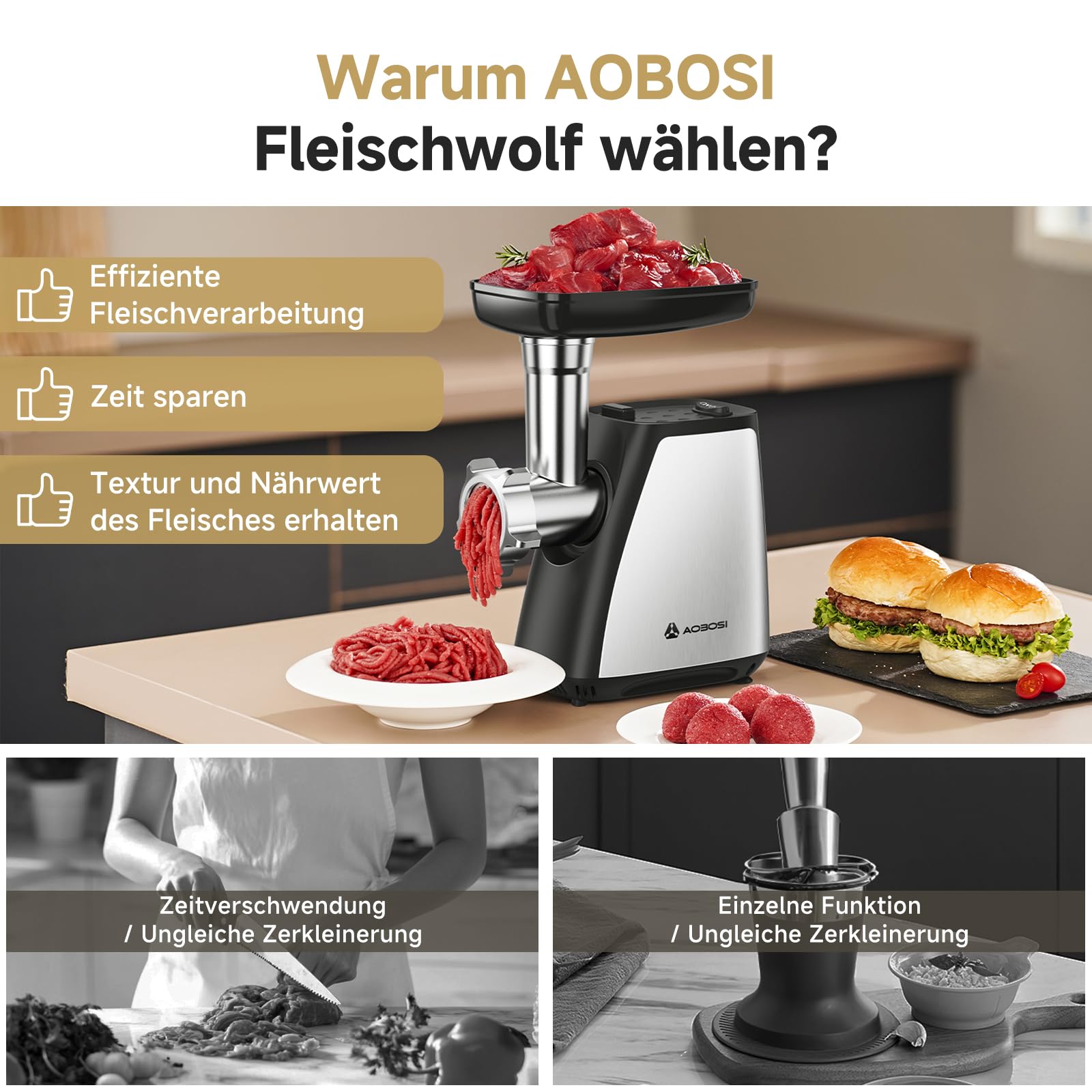 AAOBOSI Fleischwolf, 4-in-1 Elektrischer Fleischwolf [2800 W max] mit 3 Scheiben, Schneidklingen, 2 Klingen, 3 Platten, Wurstfüller, Kubbe-Kit, für den Hausgebrauch, Edelstahl