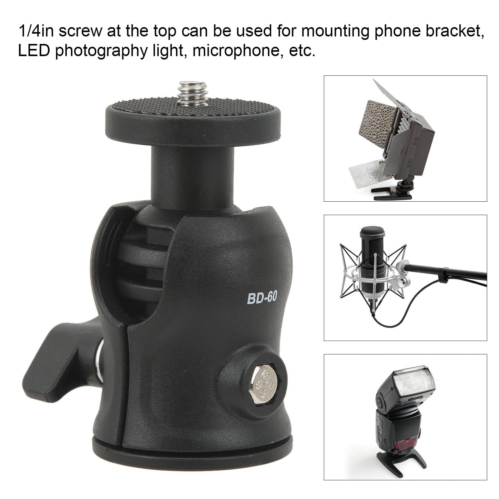 Mini Tripod Head, 360 Degree 1/4 Screw Rotating Tripod Head Rubber Pad for Tripod