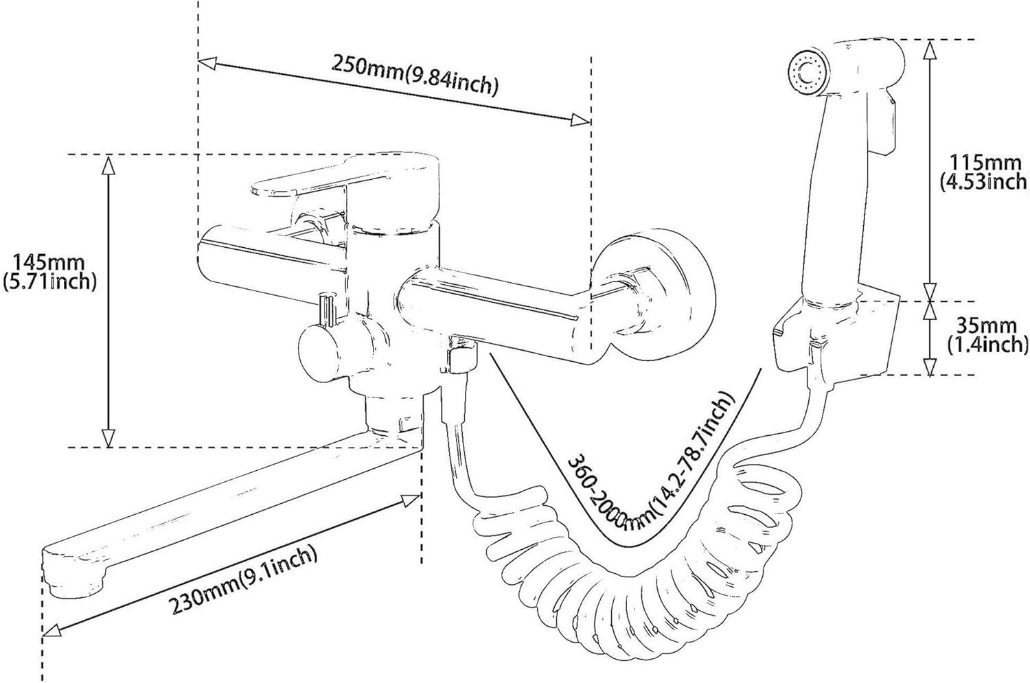 Kitchen Sink Wall Mount Faucets, Matte Black Commercial Faucet with Side Sprayer,Stainlesss Steel Mixer Tap, Unility Sink Faucet, 7.5-8.5 Inches Center, Spout Reach 9.2"