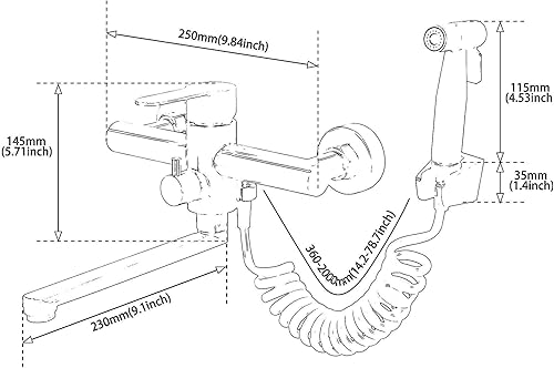 Miniatura 4 de Grifo de fregadero de cocina para montaje en pared, grifo comercial negro mate con rociador lateral, grifo mezclador de acero inoxidable, grifo de