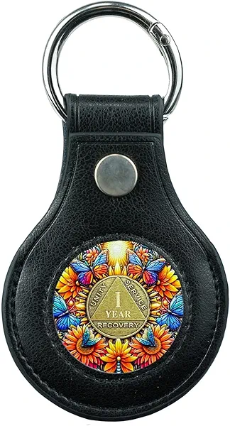 IELCJJ Premium Leather Coin Holder - Handmade Sobriety AA Coins Chip Keychain - Displays Both Sides of Sober Token Medallion Pet Challenge Coin - Black Waterproof Scratchproof Soft PVC Key Ring