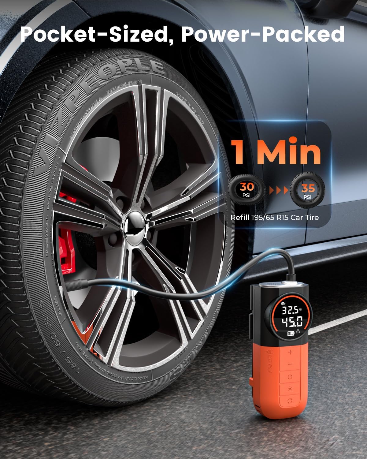 ETENWOLF S1 Tire Inflator Portable Air Compressor, 160PSI Air Pump for Car Tires, Bike, Motorcycle, Balls, Fast Inflation Tire Pump, Cordless bike Pump with LED Light & Digital Pressure Gauge(Orange) - Image 2