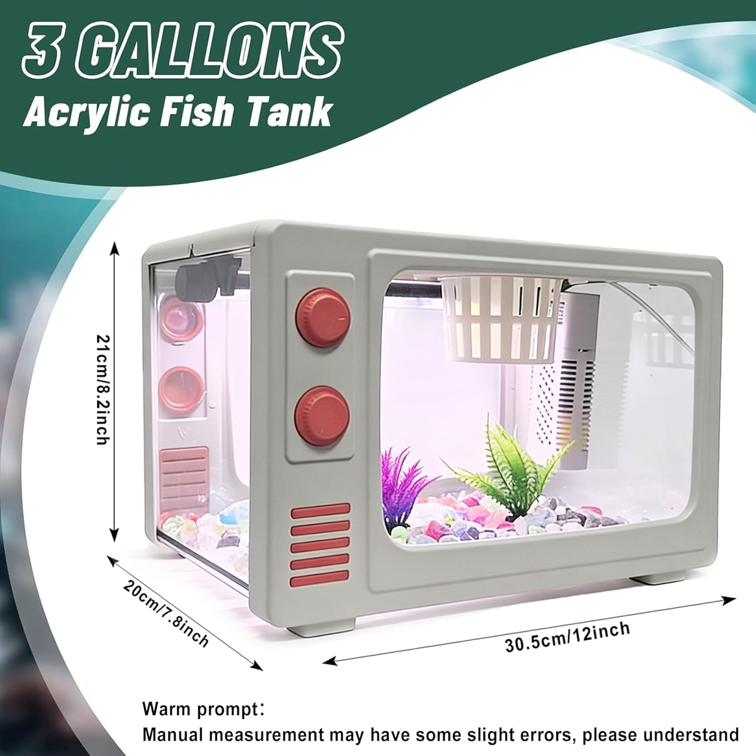 3 gallon fish tank aquarium kit with led lights, filter & plant planter - retro tv shaped design desktop water garden for betta/goldfish (white - 3 gallon)