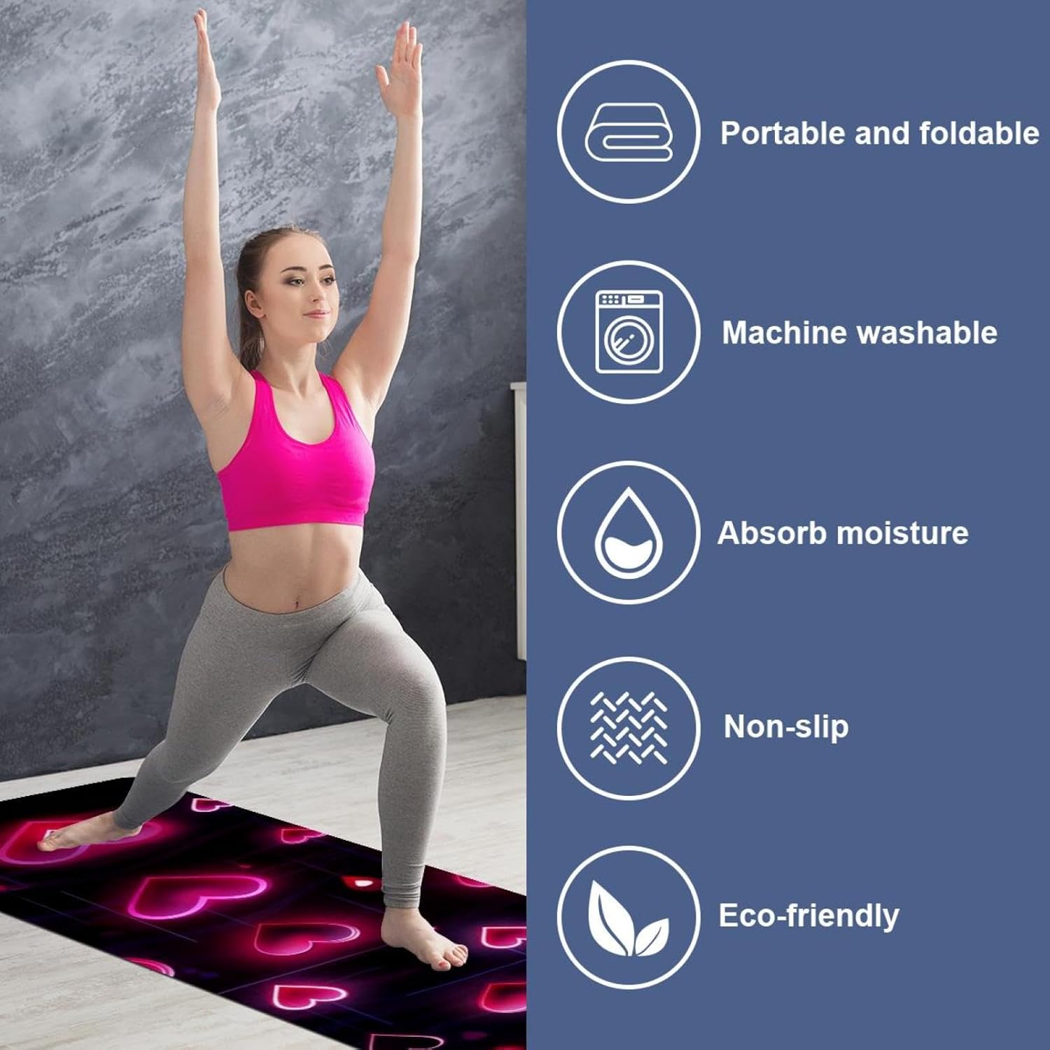 Yoga Towel, Love Heart Pattern Non Slip Sweat Absorbent Hot Yoga Mat Towel for Hot Yoga, Pilates and Fitness - 72.8" x 26.8"