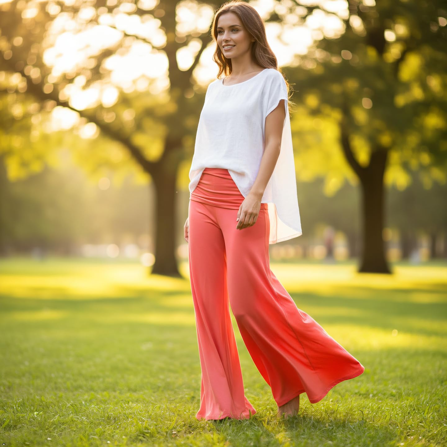 Pantalones de yoga plegables de coral, pierna ancha, cintura alta, con cintura fruncida, para uso diario