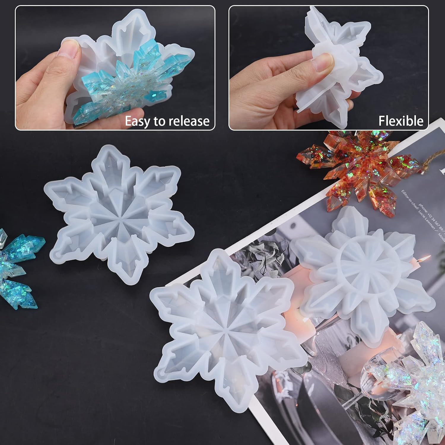 Actvty Christmas Resin Molds, Snowflake Resin Mold, 3Pcs Big Snowflake Silicone Molds for Resin, Christmas Ornament Resin Molds DIY Xmas Decoration Gift