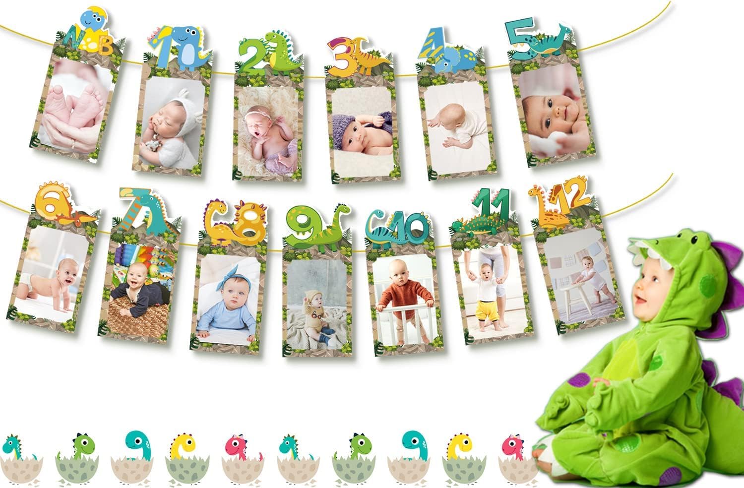 Dinosaur First Birthday Decorations, 1st Birthday Photo Banner for From Newborn to 12 Months Baby, Wild One Birthdays Decorations, Monthly Milestone Photo Booth Props for Safari Dino Decor