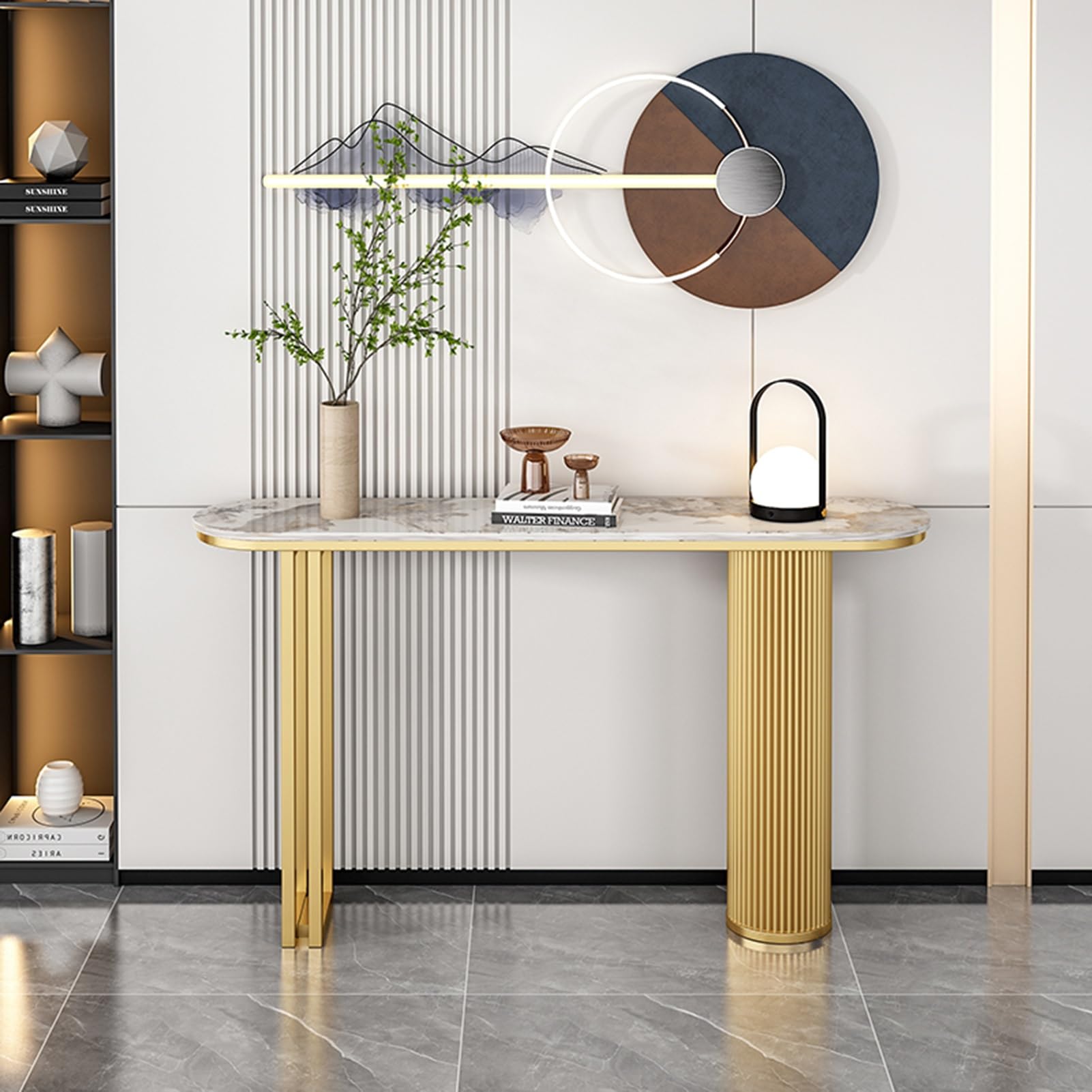 Mesa consola estrecha para recibidor, mesa de recibidor moderna con patas metálicas geométricas, mesas auxiliares, mesa de recibidor con espacio de almacenamiento, mesa de recibidor rústica para pas