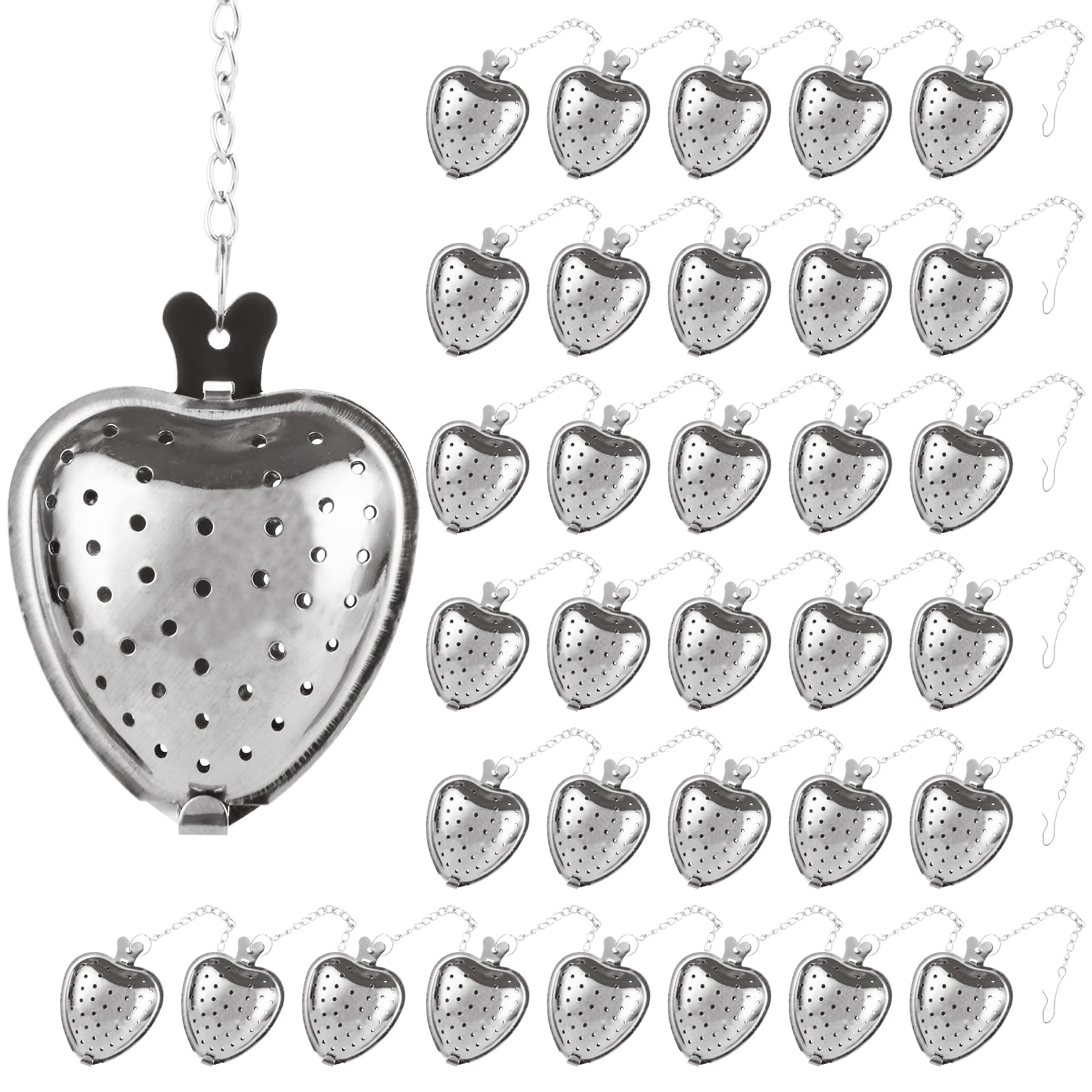 Confezione da 50 infusori da tè in acciaio inox, a forma di cuore, per foglie di tè sfuse, infusore a intervalli di tè, filtri per tè con gancio a catena estesa per condimenti e bottiglie