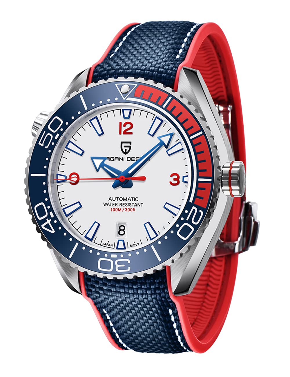 Pagani Design Mechanische Herren-Automatik-Business-Uhr, Edelstahlgehäuse, 100M wasserdicht, Nylon-Kautschukband, Saphirglas, Automatische Herren-Taucheruh