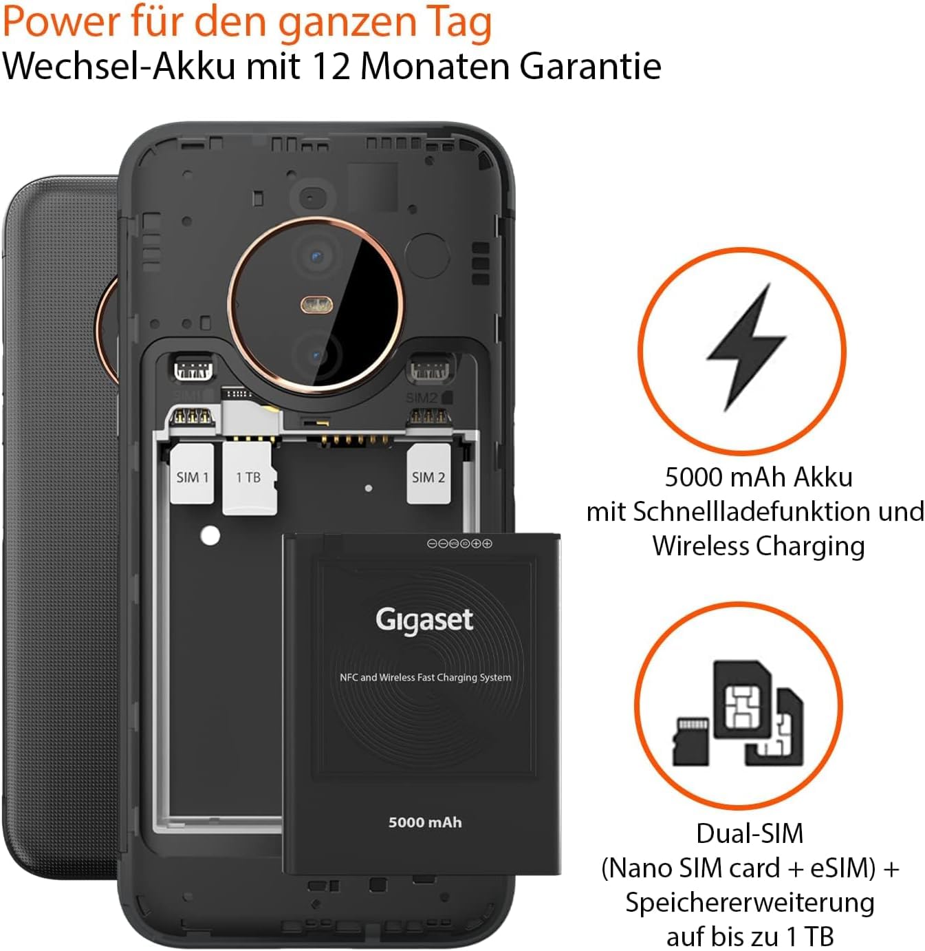 Gigaset GX6 PRO Business-Smartphone 5G - staub- & wasserdicht IP68, Militärnorm - 6,6" FHD+ Display mit Gorilla Glass - 128GB+8GB RAM - 50MP Kamera - 400 std Standby - Android 14 fähig, Titanium Black