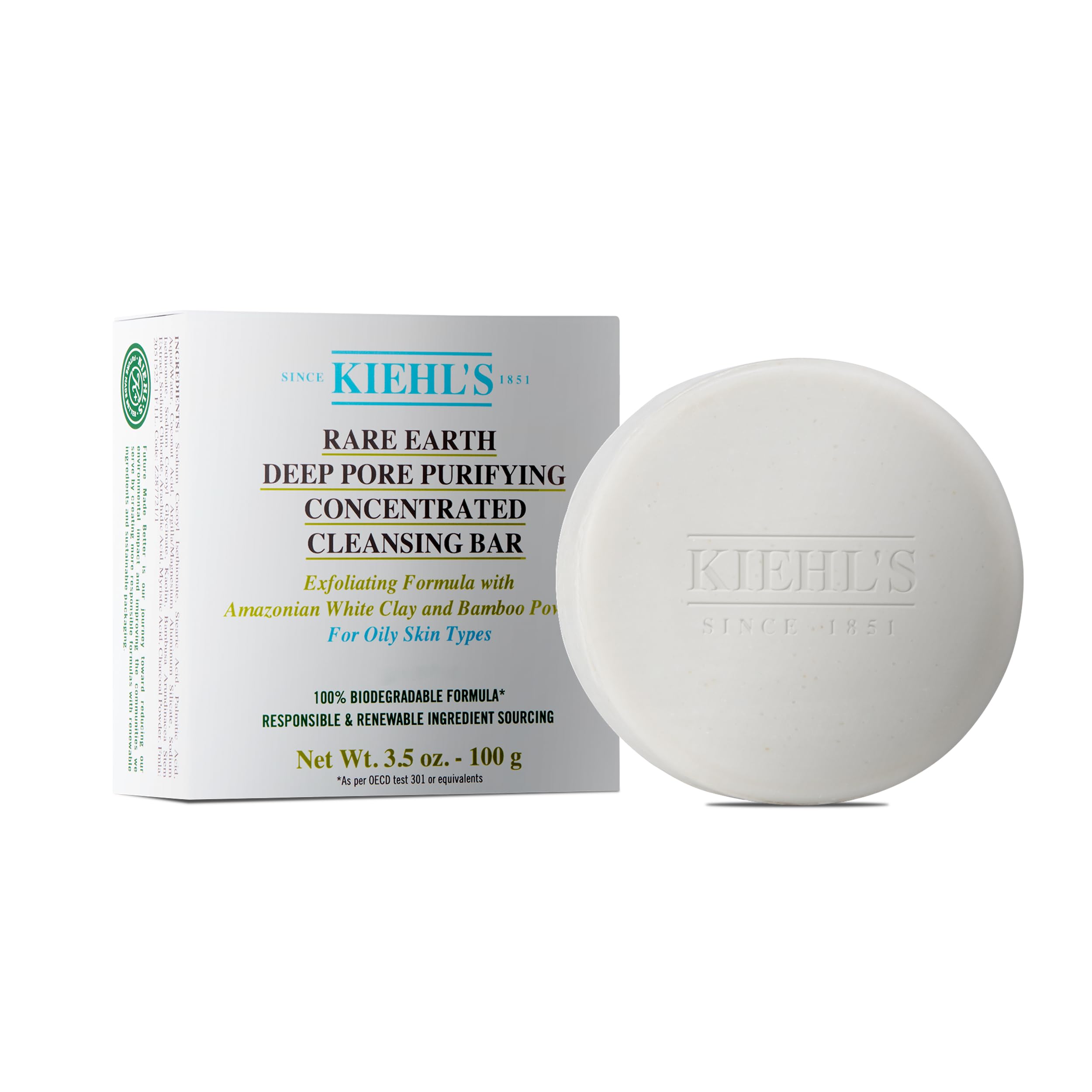 Kiehl's Rare Earth Deep Pore Purifying Concentrated Cleansing Bar, Exfoliating Facial Soap, Refines Skin Texture, Visibly Reduces Pores, Minimizes Shine, with Amazonian White Clay - 3.5 oz