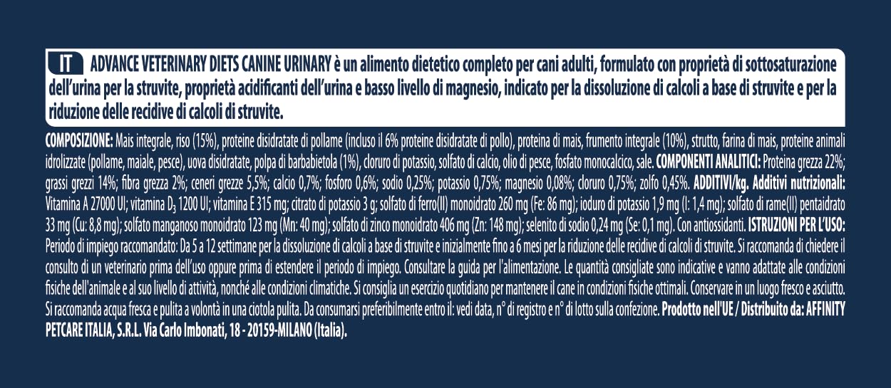Advance Veterinary Diets Urinary Cibo per Cani con Problemi del Tratto Urinario 3kg