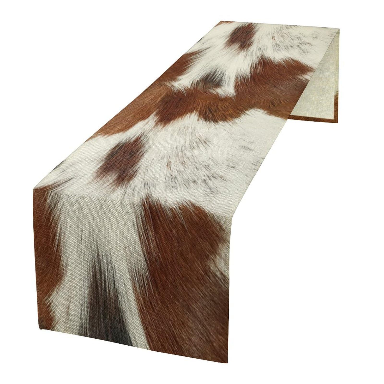 Cow Skin Print Table Runner, Rustic Country Farmhouse Animal Fur Skin Western Farm Dark Brown Cowhide Print Dinner Runner Table Decoration for Home Kitchen Dining 13x90in