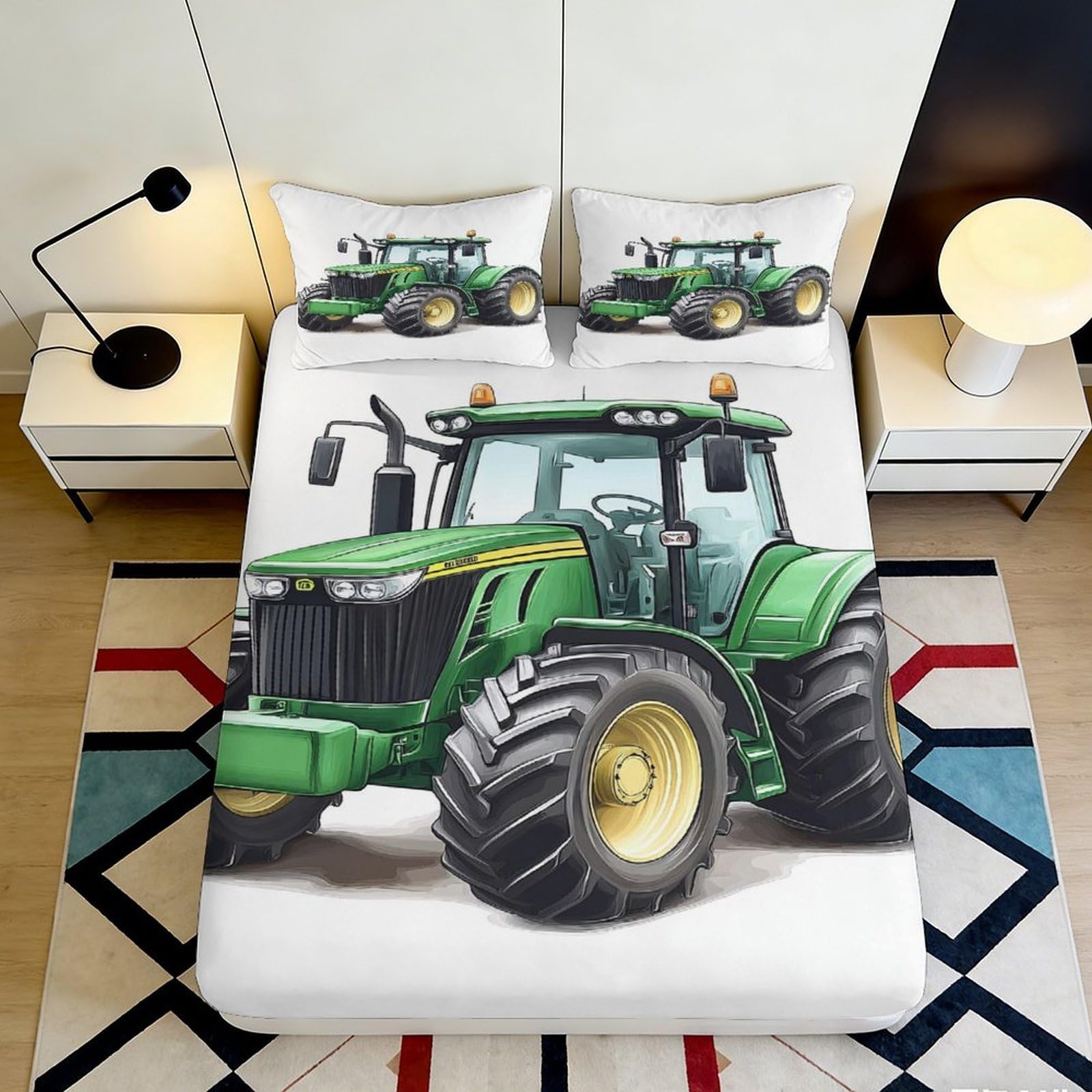 3D Printed Green Tractor Fitted Sheet Microfiber Soft Non-Slip Farm Vehicle Bed Cover for Bedroom Guest Room Decor 180x200x25cm