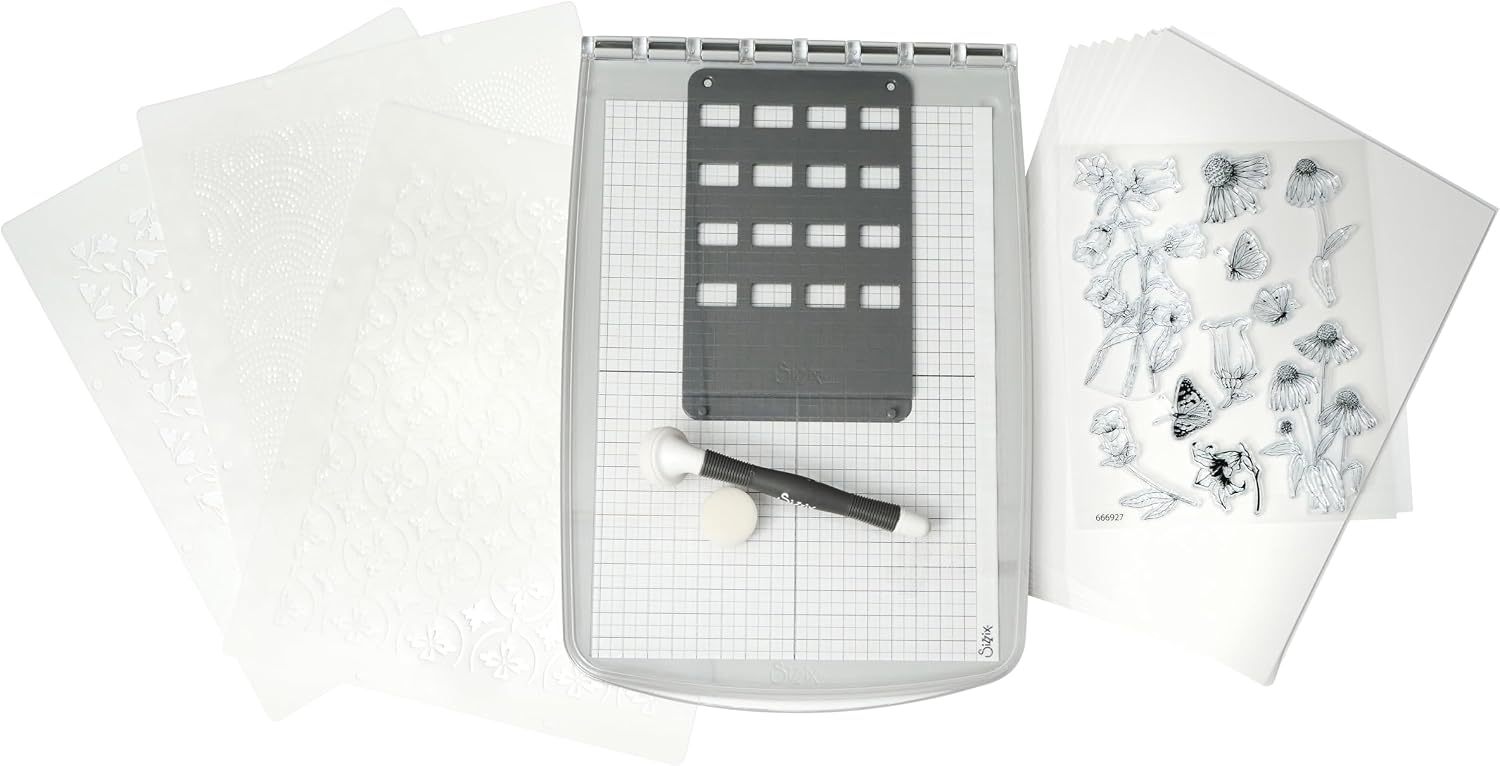 Sizzix Stencil & Stamp Tool Starter Kit Including Stencil & Stamp Tool, Clear Rubber Stamps, Layered Stencils, Cardstock & Blending Tool