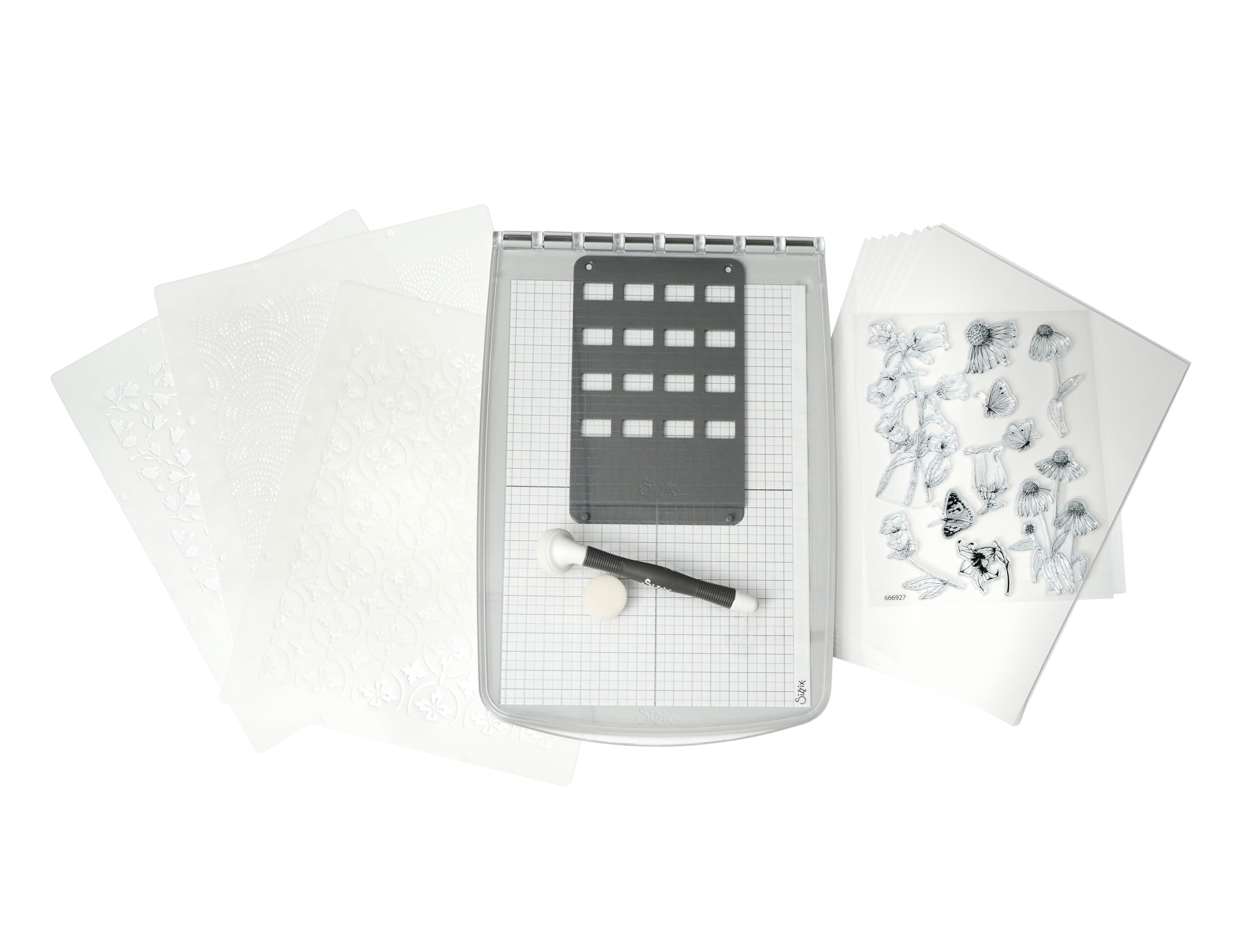 Sizzix Stencil & Stamp Tool Starter Kit Including Stencil & Stamp Tool, Clear Rubber Stamps, Layered Stencils, Cardstock & Blending Tool