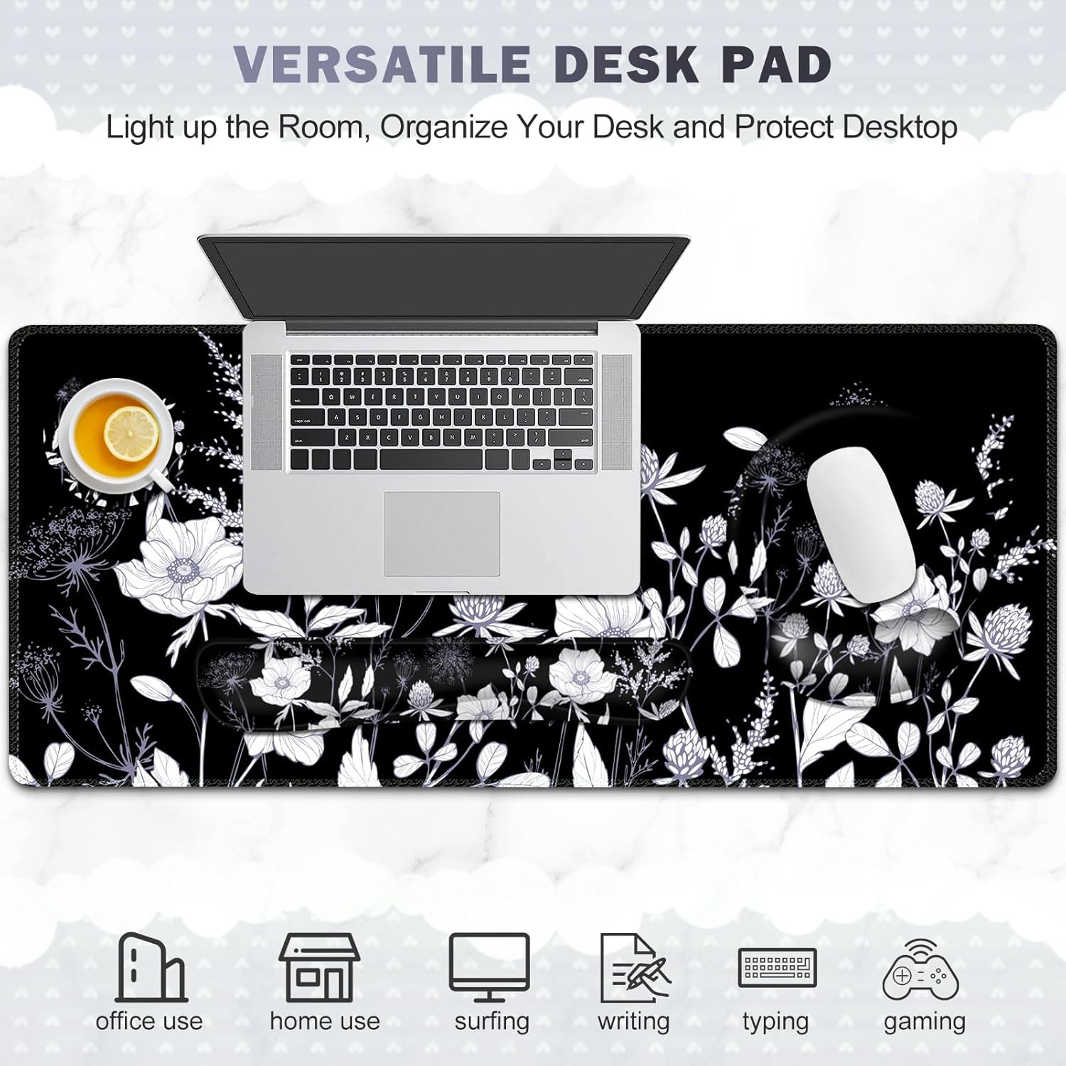 Gaming Mouse Pad, Large Desk Mat, Cute Desk Pad Protector, 4in1 XXL Mousepad + Keyboard Wrist Rest+Mouse Wrist Rest+Coaster Set with Ergonomic Desk Pad for Home Office PC Computer, Black White Flowers - Image 7