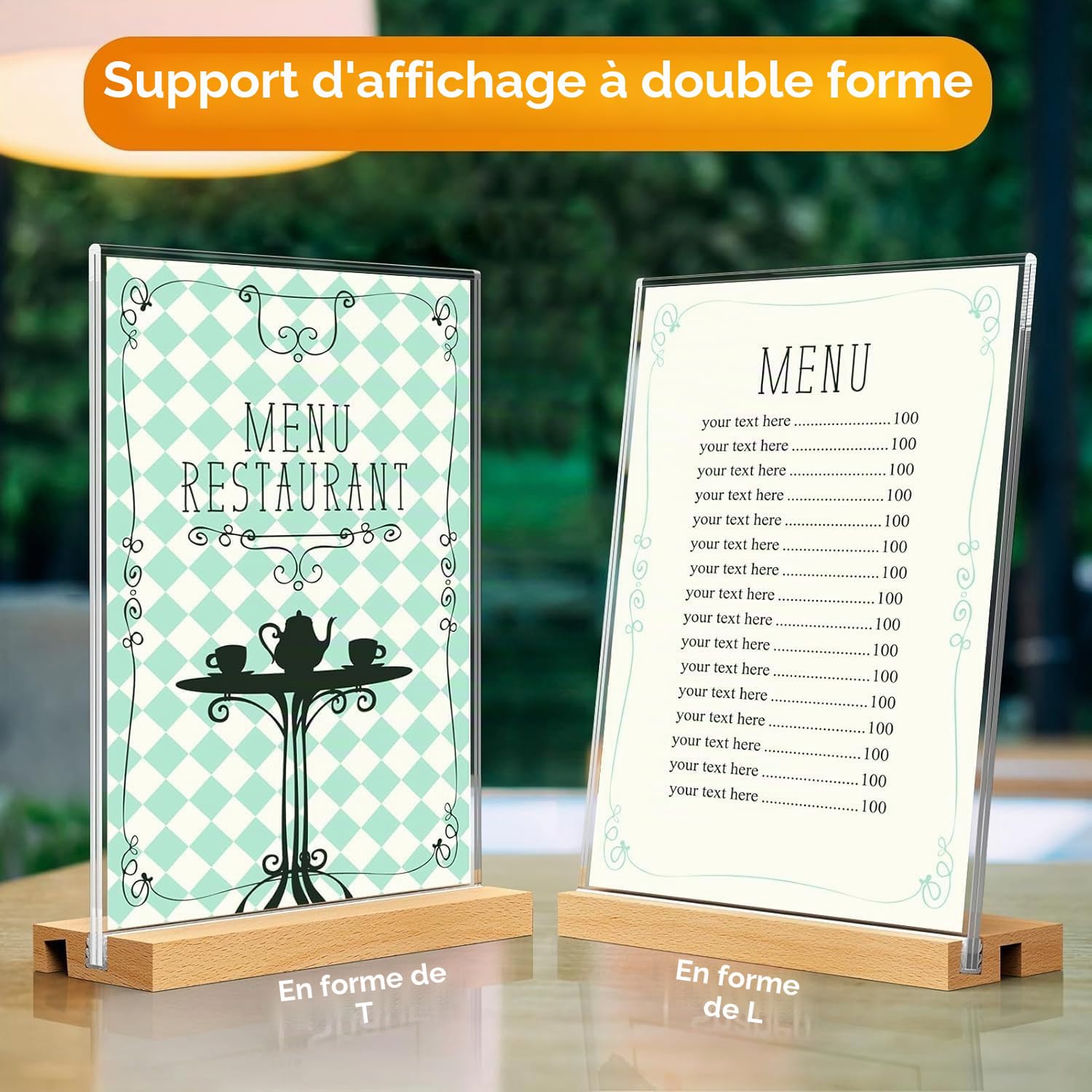 Lot de 6 présentoirs de table A6 - Double emplacement pour cartes - En acrylique - Avec pied en bois - Étiquettes de prix - Porte-cartes de menu - Format portrait - Double face - Pour