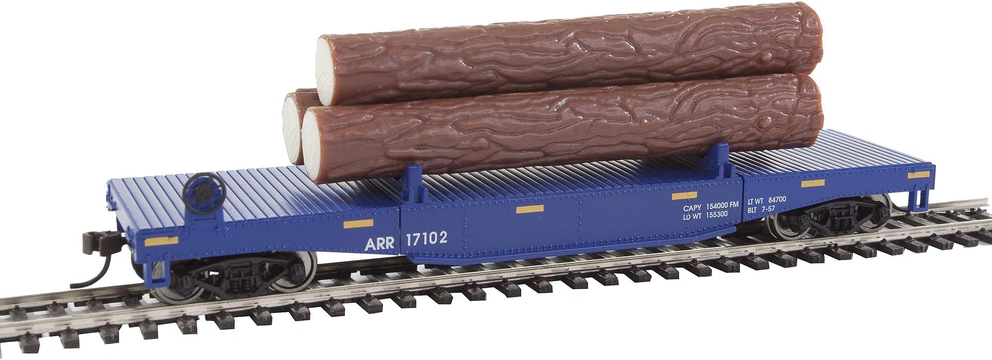 Walthers Trainline Log Dump Car with 3 Logs-Ready to Run-Alaska Railroad #17102 (Blue, Yellow Conspicuity Marks) 931-1770 HO Scale Model Railroad - Freight Model