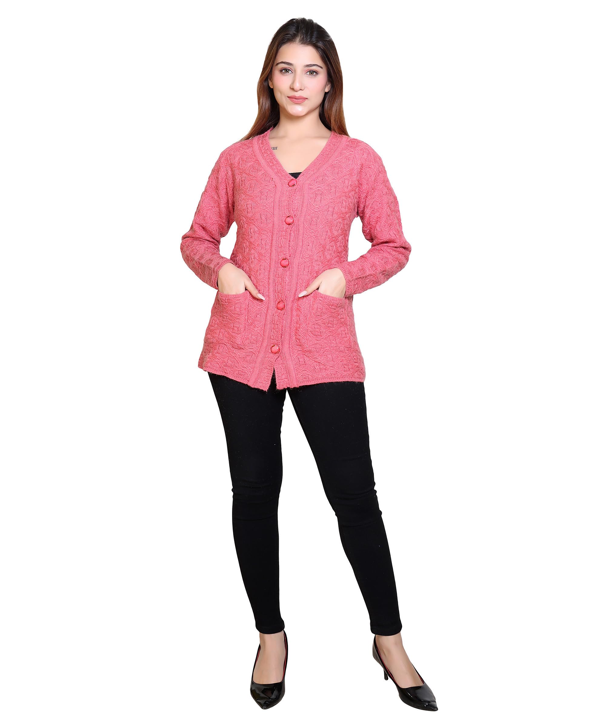 grand line Women Sweater for Winter Woolen Acrylic Full Sleeves V Neck Stylish Design Cardigan Girls/Ladies|Pink-picture-43