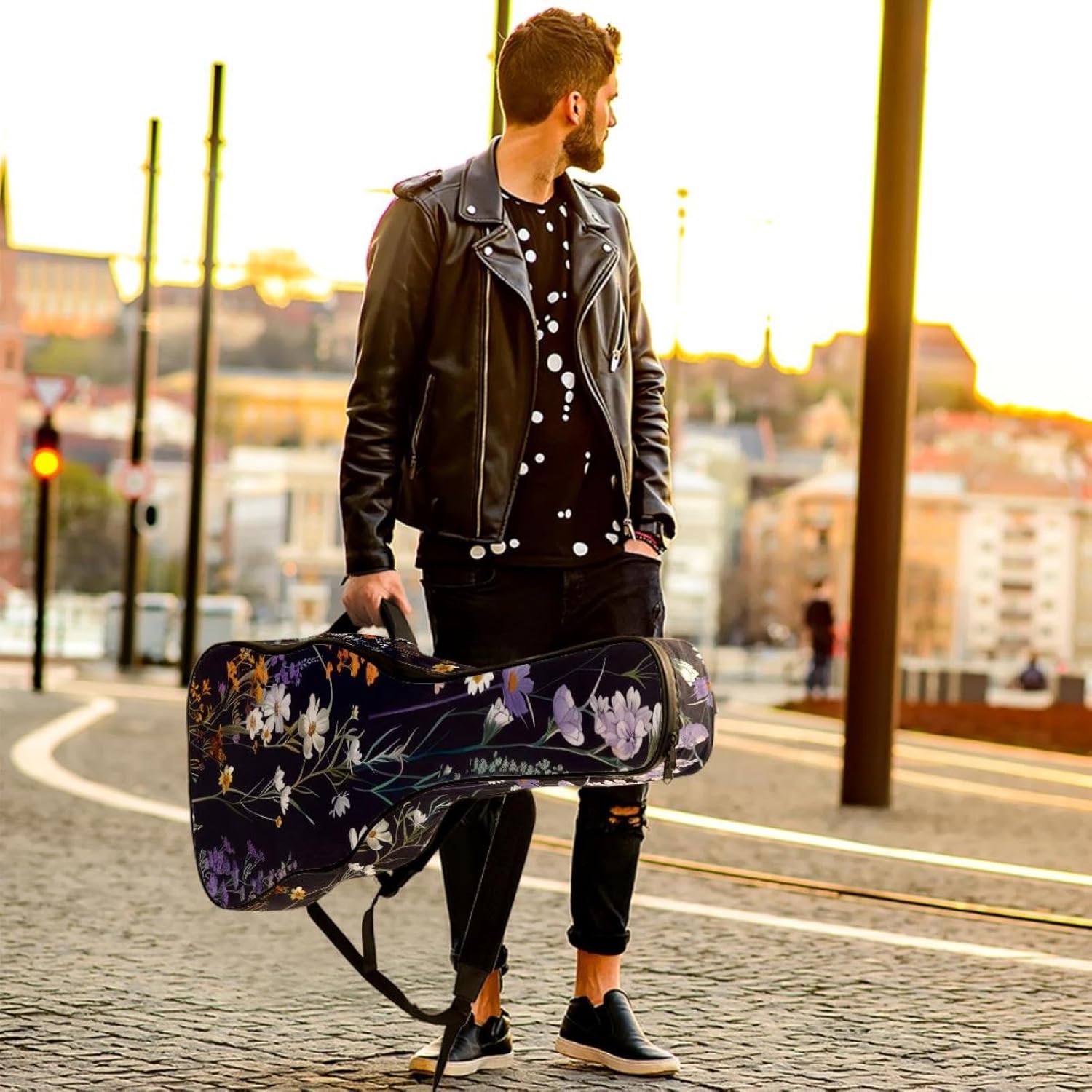 40 41 42 Inch Guitar Bags, Waterproof Padded Acoustic Guitar Case Backpack with Adjustable Shoulder Strap & Pockets, Colorful Wildflorals Flower Bouquet