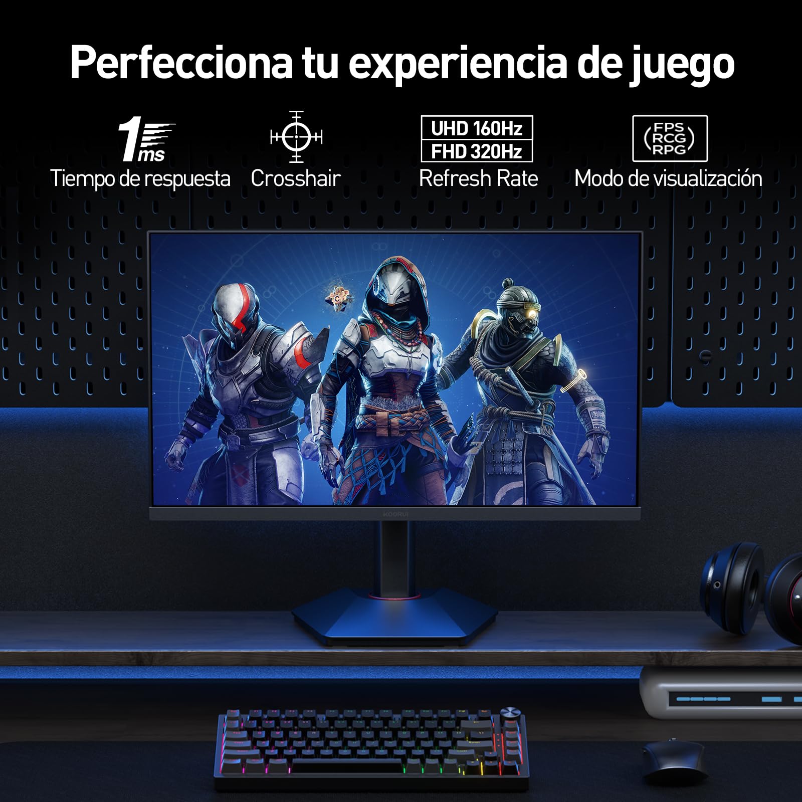KOORUI G2741L 27" Monitor Gaming, UHD 2160P 160Hz / FHD 1080P 320Hz (Fast IPS, 1ms, Adaptive Sync, Giratorio, Inclinación, Altura Ajustable, Eye Care, HDR400, 10Bit, 2xHDMI 2.1, DP 1.4)